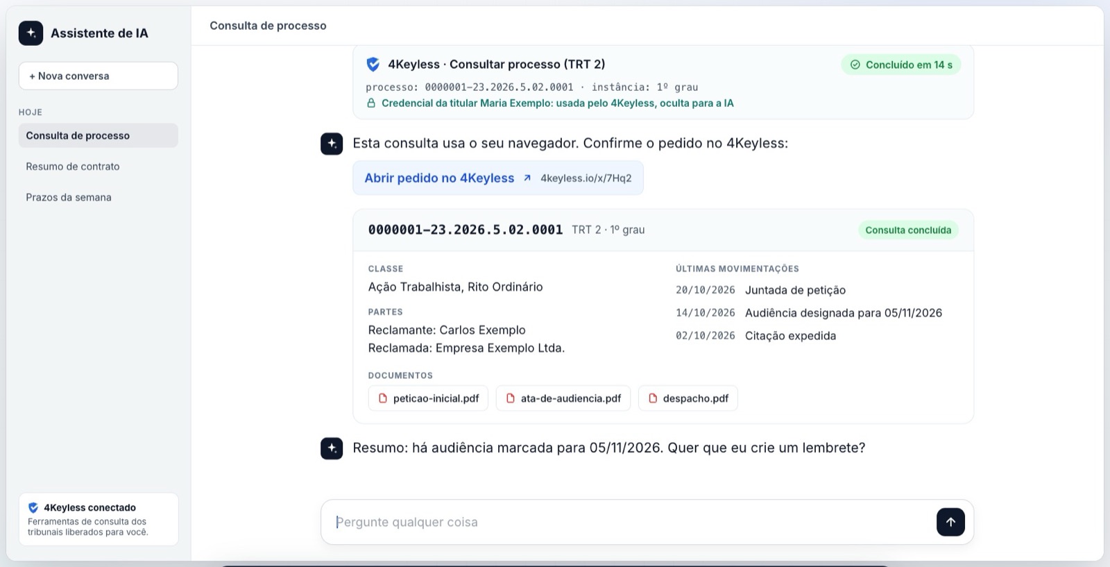 Assistente de IA consultando um processo no TRT 2 pelo 4keyless, sem ver a credencial